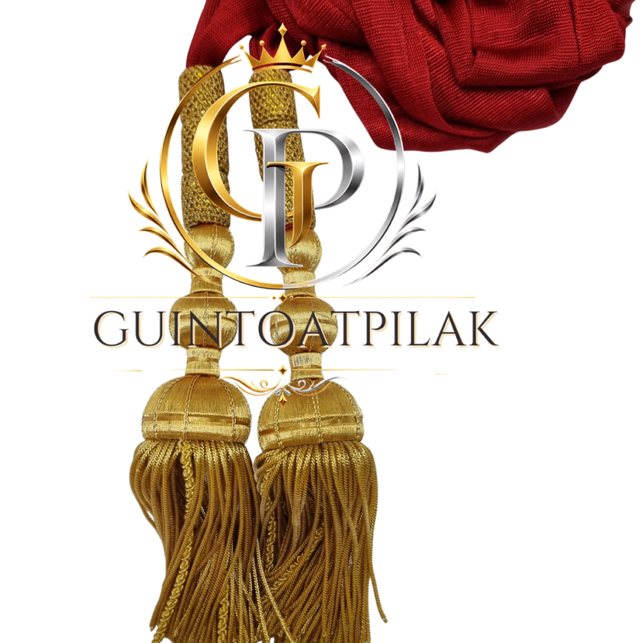 Red fajin de general waist sash with gold bullion tassels, full hanging view
