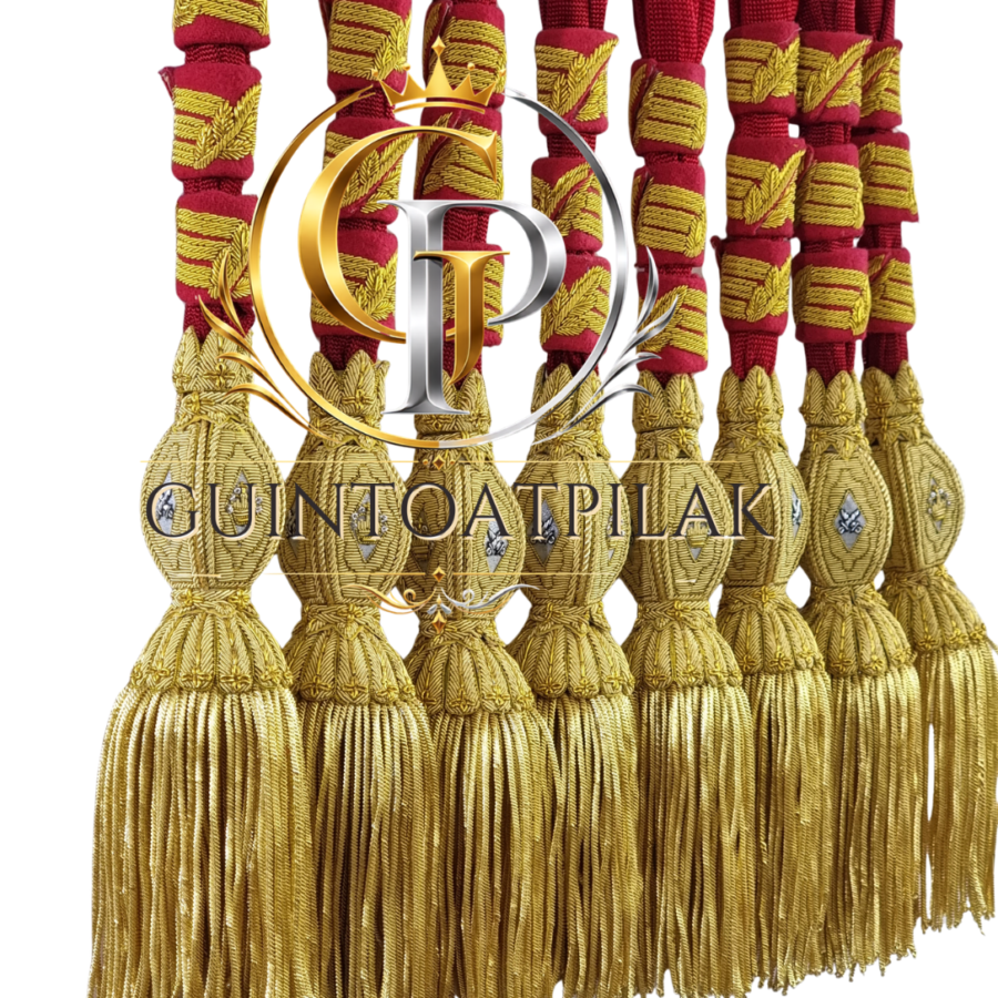 Red fajin de general gold bullion tassels with embroidered diamond sliders, front view