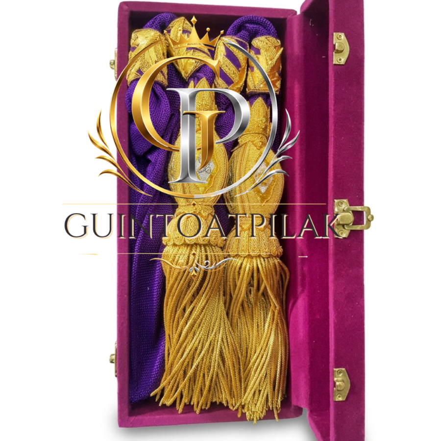 Purple fajin de general waist sash with gold bullion tassels in a velvet presentation box
